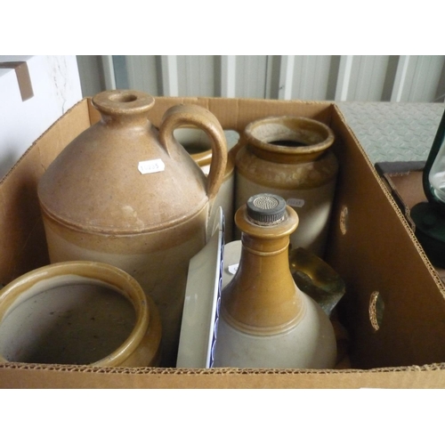12 - Box containing various jugs and pots and two ash trays made from WWII gun casings