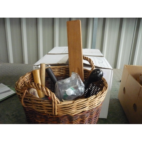 13 - Large box of lightbulbs of various sizes and wattage, and a basket containing tools including screwd... 