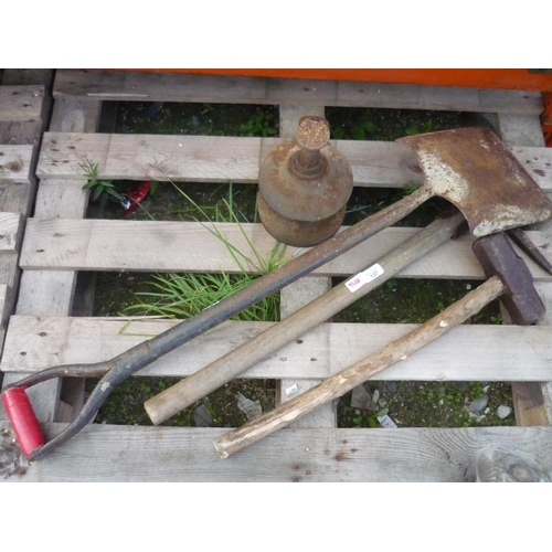 137 - All metal shovel, pick axe, sledgehammer and vintage jack