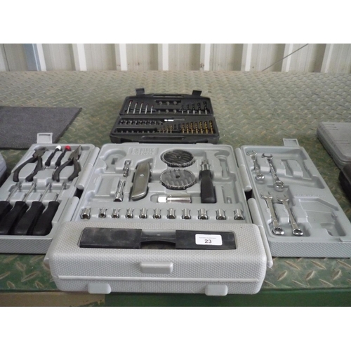 23 - Black Forge tool kit including socket set, screwdrivers, spanners etc and a box containing drill set
