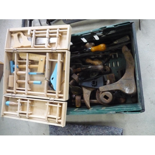 81 - Box of vintage tools including cobblers last, screwdrivers, drills etc and a child's joiners box