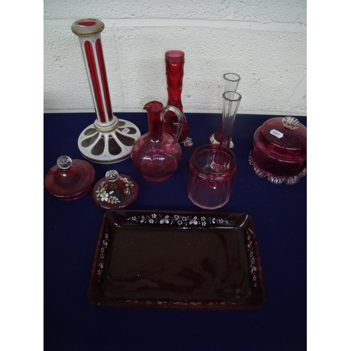 1 - Selection of 19th C and later cranberry and other glassware including an opaque overlaid glass colum... 