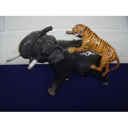 24 - Extremely large and scarce colouration Beswick Elephant & Tiger (1 tusk A/F) (30cm high)