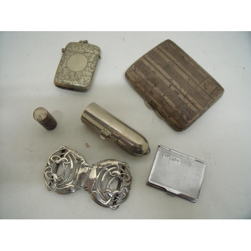 25 - Silver hallmarked cigarette case, Vesta case, silver hallmarked Art Nouveau Liberty & Co buckle, sta... 