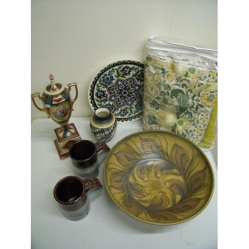 30 - Large Iznik style plate, Studio ware tankards, bowl, vase etc, a large urn shaped blue pink and gilt... 