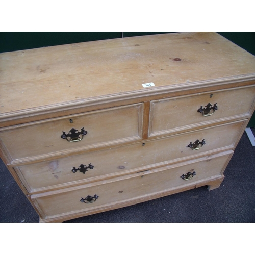 303 - 19th C wax pine chest of two short and two long drawers, on bracket feet (105cm x 81cm x 46cm)