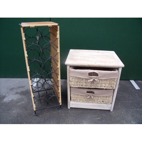 306 - Wickerwork wire framed bottle rack and a miniature lined chest with straw work and canvas lined draw... 