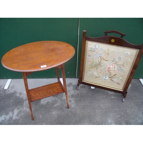 307 - Early 20th C oak occasional table with oval top and undertier and an early 20th C mahogany framed fi... 