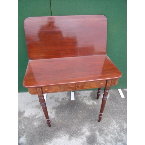 308 - Mid Victorian fold over tea table with single gate leg and boxwood and herring bone inlay, on turned... 