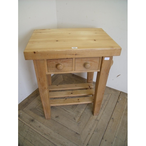 325 - Modern pine kitchen preparation table with two frieze drawers and slatted under tier