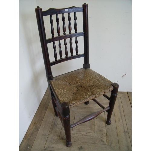 328 - 19th C elm country made dining chair with turned spindle back and rush seat