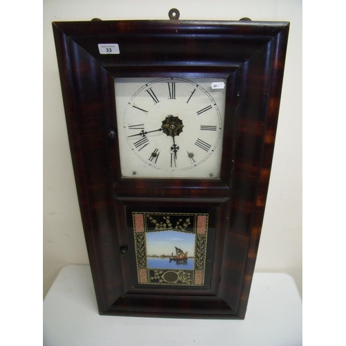 33 - 19th/20th C American style rectangular wall clock with glazed cupboard doors (42.5cm x 76.5cm)