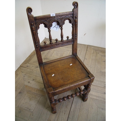 338 - Early 19th C oak solid seat chair with triple arch panel back, on turned bobbin front supports