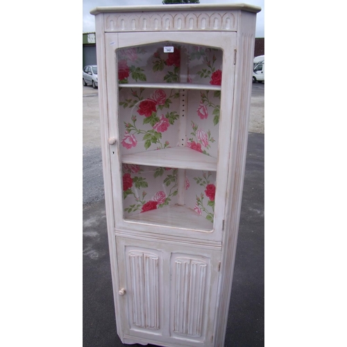 342 - Ercol chalk painted corner cabinet with glazed cupboard door and carved linen fold cupboard below