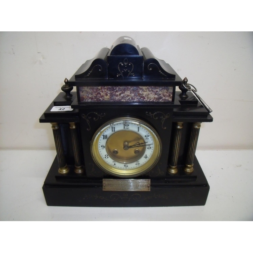 42 - Victorian black slate and marble presentation mantel clock 'For 29 Years Service' (height 30cm)