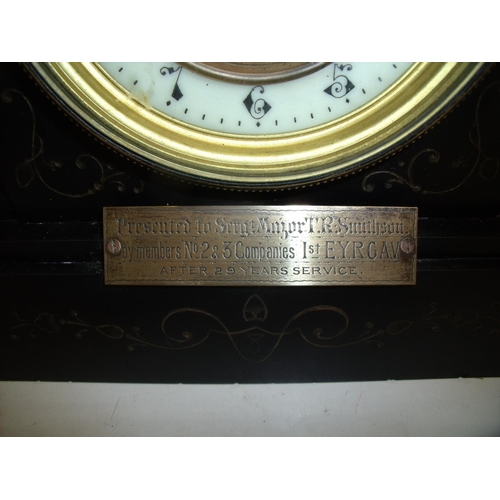 42 - Victorian black slate and marble presentation mantel clock 'For 29 Years Service' (height 30cm)