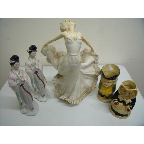44 - Pair of ceramic Geisha girls, a large decorative lady, Toby jugs