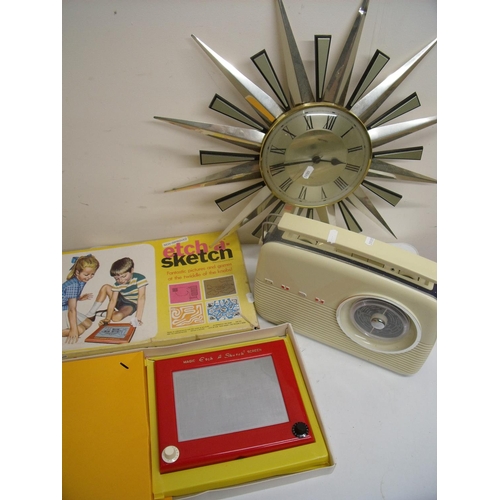 47 - Vintage Bush radio, a Metamec Starburst wall clock etc