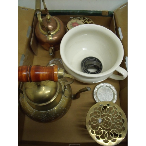 50 - Copper kettle and stand, various other trivet stands, desk clock, pastry cutters, chamberpot, etc