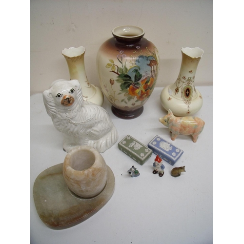 56 - Two Wedgwood boxes, Wade figures, Staffordshire Spaniel, vases, onyxware etc