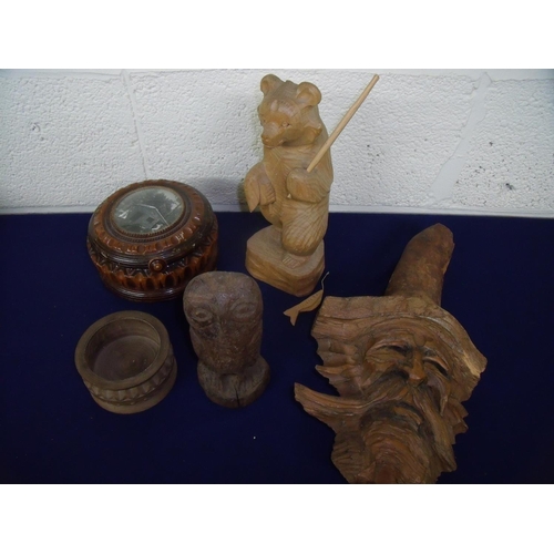 84 - Carved wooden figure of a dancing bear, another folk art figure of a bearded gentleman with tall hat... 