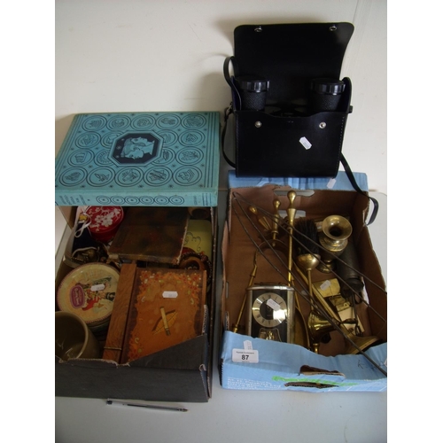 87 - Selection of various assorted brassware, giant wooden paperclip, turned wood napkin rings and other ... 