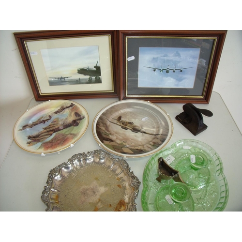 91 - Two framed Lancaster Bomber prints, collectors Spitfire and Lancaster plates, silver plated salver, ... 