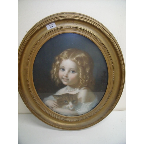 98 - Oval gilt framed portrait of a young girl with cat (50cm x 60cm including frame)