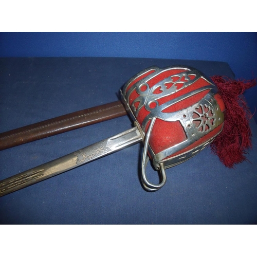 71 - Scottish George V Officers full basket hilted sword with 32 inch double fullered blade with engraved... 