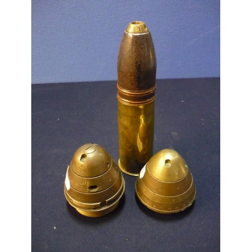 18 - French Flak Anti-Aircraft Round, the base stamped Fse Mons 93 Lot 4, and two British brass fuse nose... 