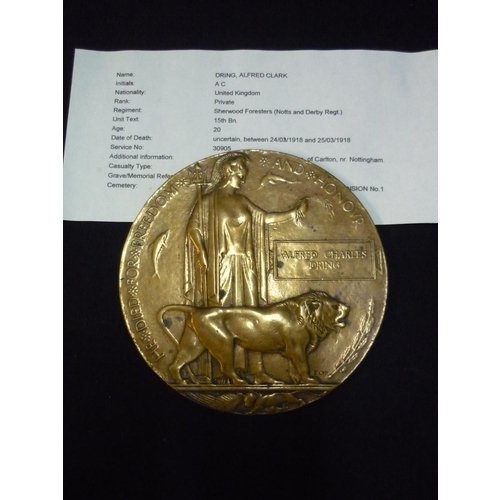 31 - WWI bronze memorial plaque with research information to Alfred Charles Dring (Sherwood Foresters)