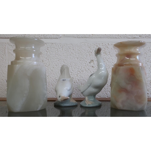 13 - Pair of onyx vases (height 15.5cm) and two Nao ducks (4)