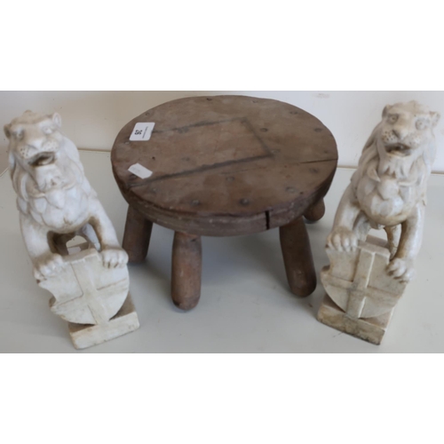 26 - Pair of composite bookends in the form of lions and a rustic country style stool (2)