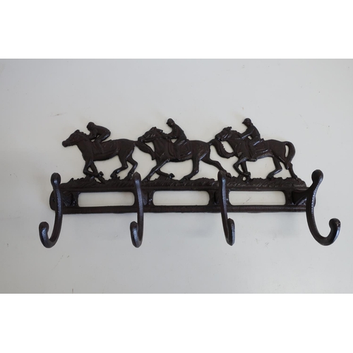 48 - Cast metal wall mounted hat & coat rack with racehorses (width 40cm)