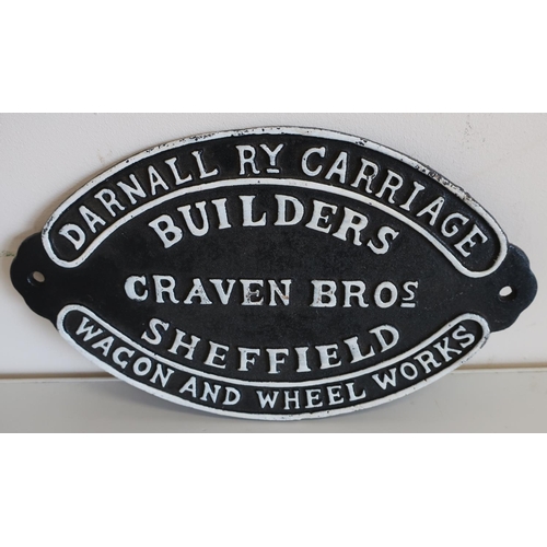 53 - Cast metal reproduction railway carriage builders plaque for Craven Brothers Sheffield (width 27cm)