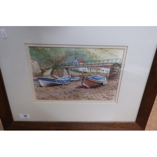 56 - Framed and mounted signed watercolour by Jeff Levett depicting beached boats (58cm x 48cm including ... 