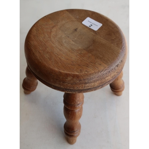 2 - Small heavy elm country style legged circular topped stool with X shaped under stretcher and turned ... 