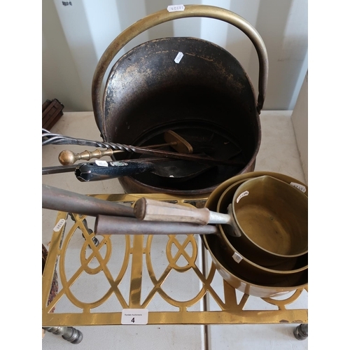4 - 19th C quality rectangular brass trivet stand, a selection of various brass pans, brass coal helmet ... 
