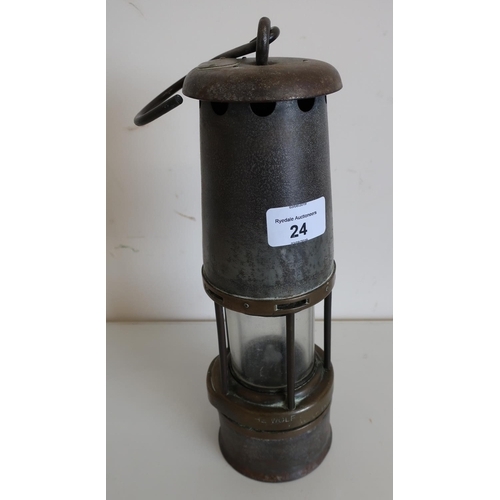24 - Brass and steel miners lamp with copper plaque No. 346, the base marked The Wolf Safety Lamp No. 7S