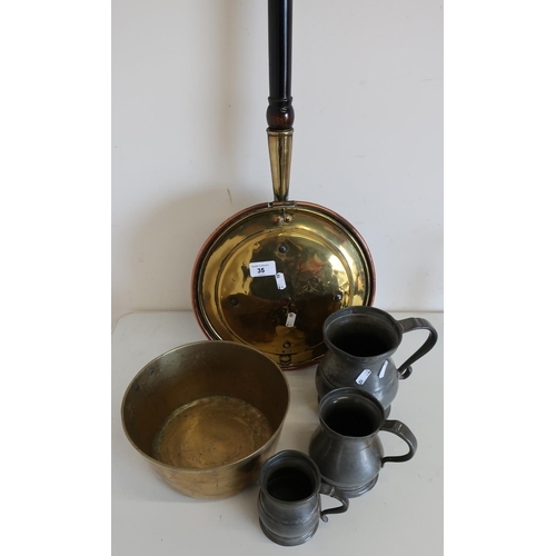 35 - Copper bed warmer with turned wood handle, three pewter tankards and a brass bowl (5)