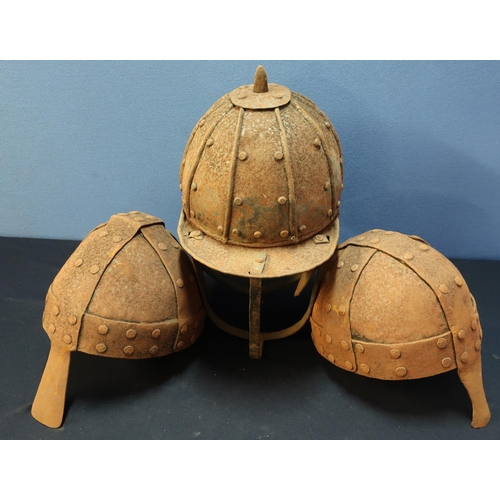 42 - Reproduction steel lobster tail type helmet with face bar guard and side plates, and two steel rivet... 