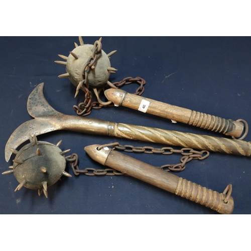 46 - Two quality reproduction forge made Morning Stars and a twin handled double headed axe type weapon (... 