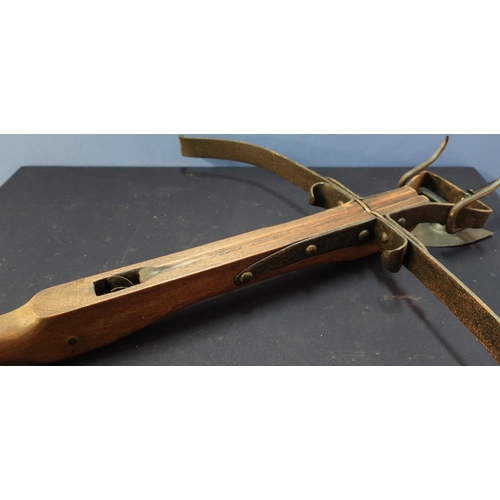 59 - Quality reproduction/re-enactment steel and wooden medieval style crossbow, with forge made wall mou... 