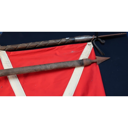 62 - Quality reproduction/re-enactment medieval style spear mounted with flag pendant and a similar lance... 