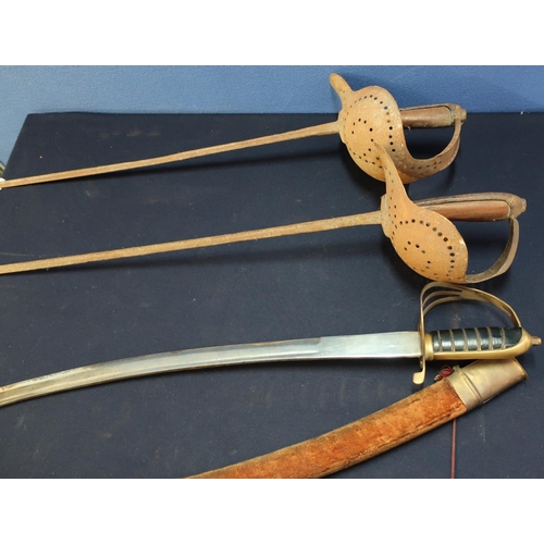 83 - 20th C Indian made sword and two 19th C fencing/practice swords with pierced brackets (3)