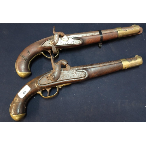 89 - 19th C French type percussion cap Service Pistol with brass mounts marked 18 (A/F) and another simil... 