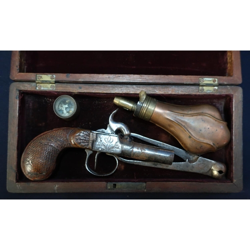 91 - Mahogany cased Belgium percussion cap pocket pistol with 1 1/2 inch turnoff barrel stamped with Belg... 