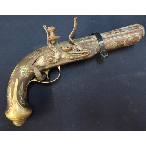 93 - Turkish style flintlock pistol with brass mounts, white metal inlay to the 5 inch octagonal barrel a... 