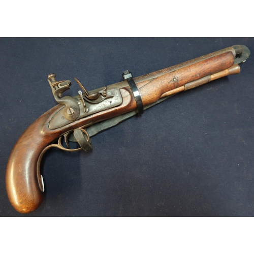 94 - Flintlock pistol with 8 inch barrel stamped with proof marks, the lock with unusual frizzen spring c... 