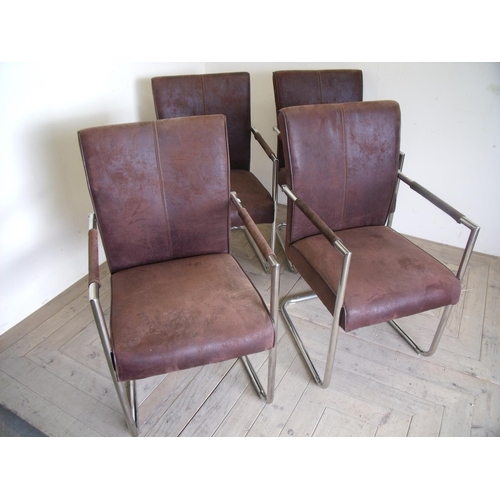 23 - Set of four modern design brown suede and chrome framed dining chairs
